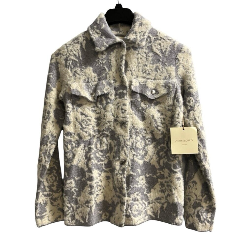 Cynthia Rowley Sweater Jacket‎ Blue Floral Fuzzy Knit Size XS Spring Layer